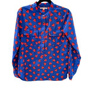 Gap Blue Red Heart Print Button Down Shirt XS Long Sleeve Recycled Polyester Top